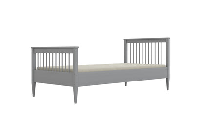 Emilia kids bed gray finish front view with vertical rails and birch slat support