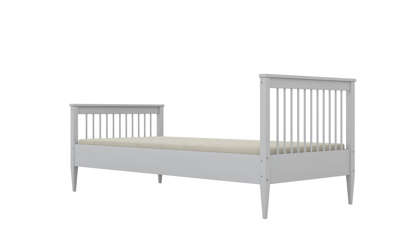 Gray finish Emilia kids bed angled view with slatted headboard and footboard