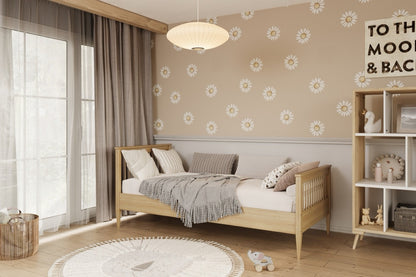 Natural pine Emilia bed in warm bedroom with neutral decor and storage shelving