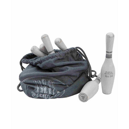 Wooden bowling set with storage bag containing pins and ball