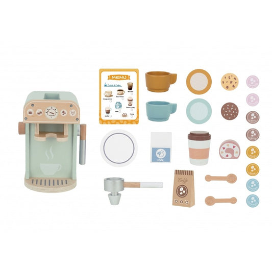 Woopie wooden barista set with 25 pieces including coffee machine, cups, pastries, and accessories laid out flat