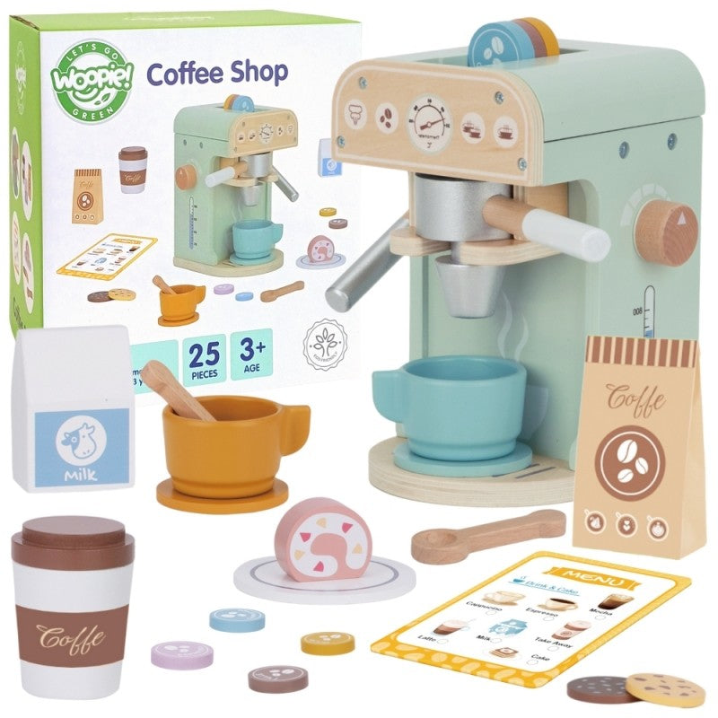 Woopie Coffee Shop wooden barista set box showing 25-piece playset with sage green coffee machine and accessories