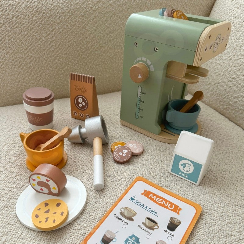 Close-up of wooden coffee machine showing portafilter dispensing motion with cup underneath