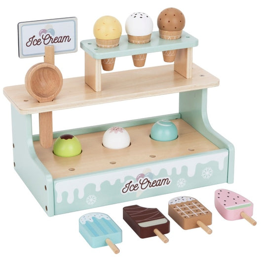 Wooden ice cream shop set with mint-green stand, three ice cream cones, colorful scoops, and popsicles displayed on two