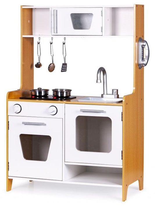 Natural wood play kitchen with white cabinets, illuminated burners, and hanging metal utensils