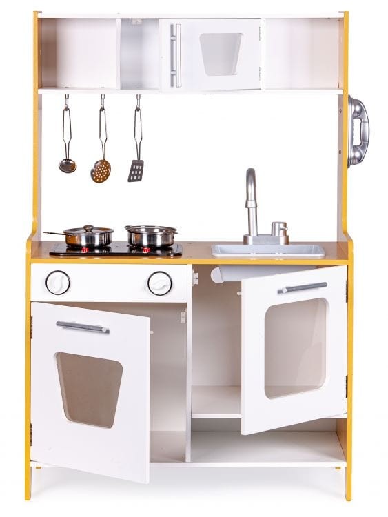 Yellow-framed wooden play kitchen showing open oven door and storage cabinet space