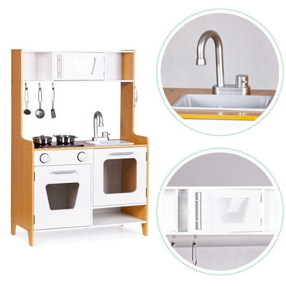 Close-up of play kitchen sink with faucet and overhead storage shelves with utensils