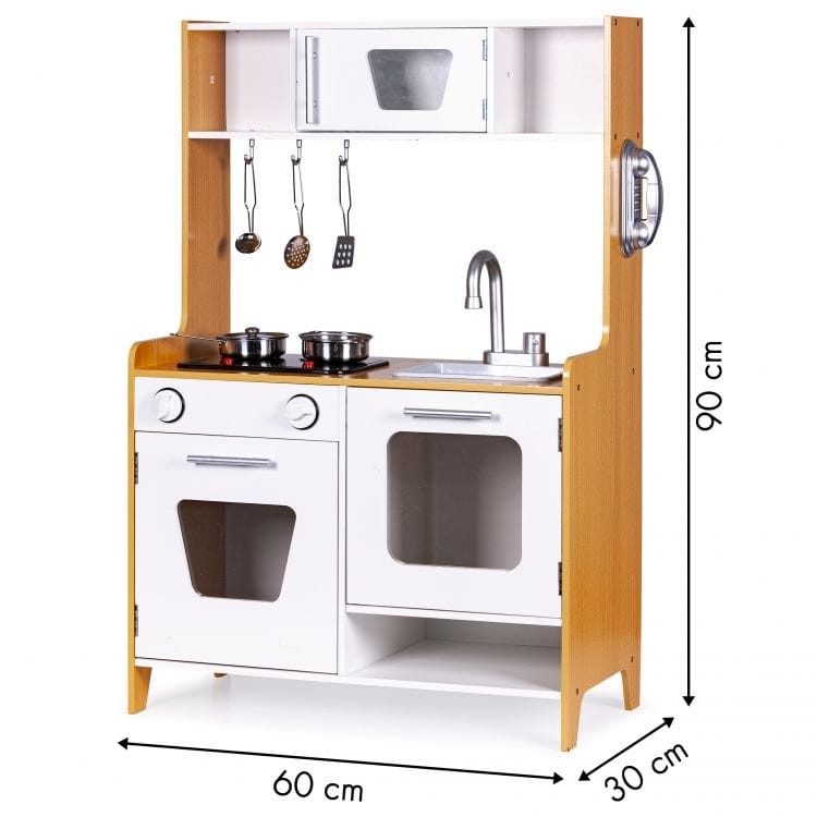 Wooden play kitchen front view with dimensions 90cm height, 60cm width, 30cm depth