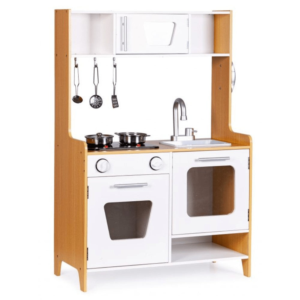 Compact wooden play kitchen with illuminated cooktop and realistic oven window