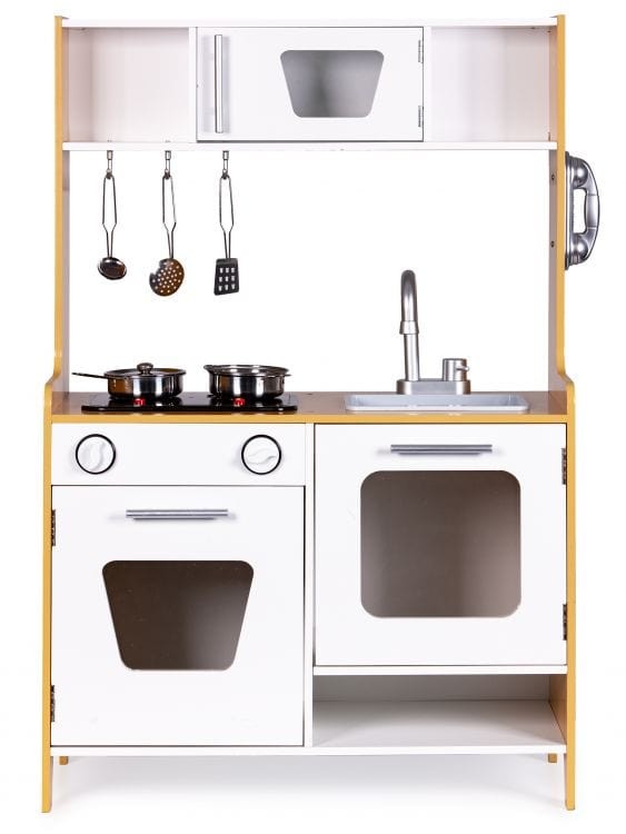 Yellow wooden play kitchen full view with multimedia burners and accessible cabinet doors
