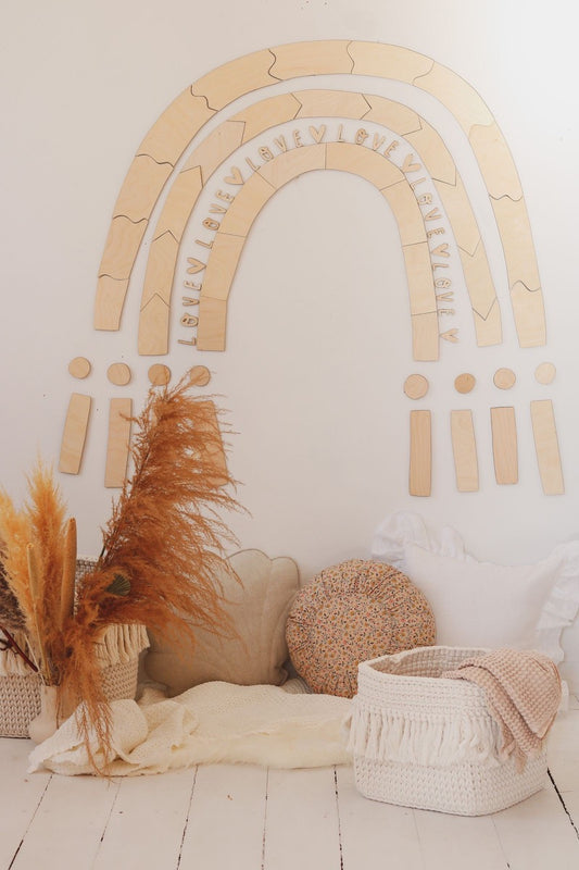 Birch plywood rainbow puzzle wall decoration displayed flat with engraved love text and wooden pieces